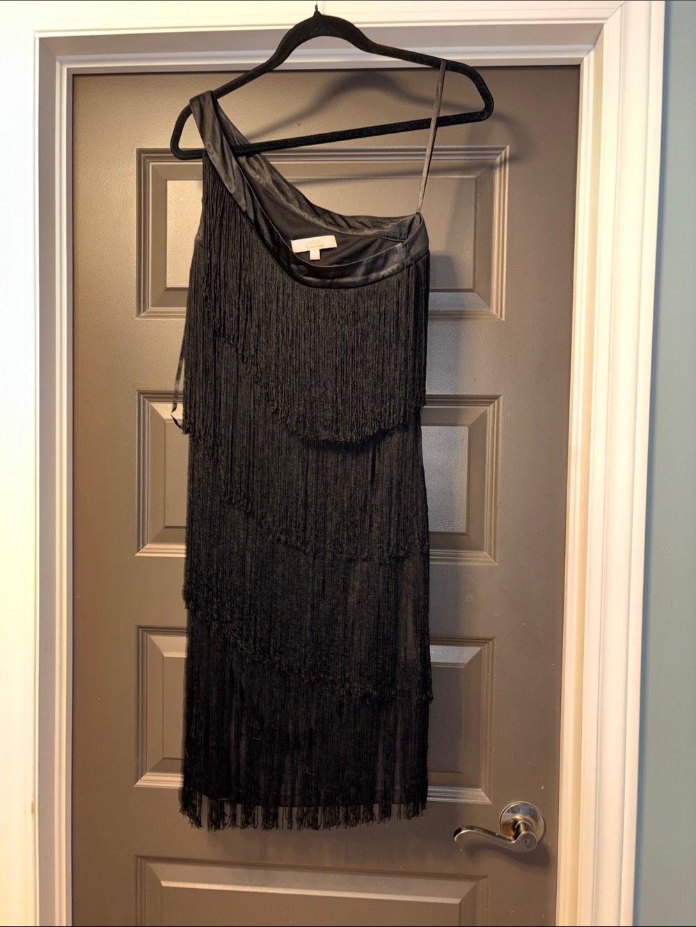Aidan by Aidan Mattox Black One-Shoulder Fringe Dress